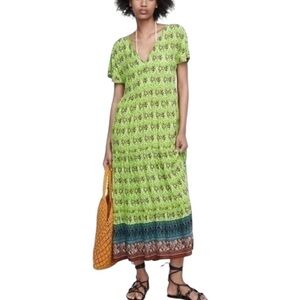 Zara Green & Brown Floral Print Tiered Panel V-Neck Midi Dress - S